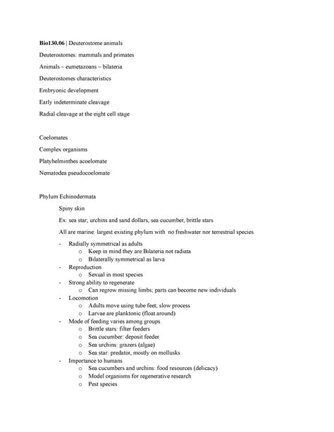 Bio130 - Deuterostome animals - Bio130 | Deuterostome animals Deuterostomes: mammals and ...