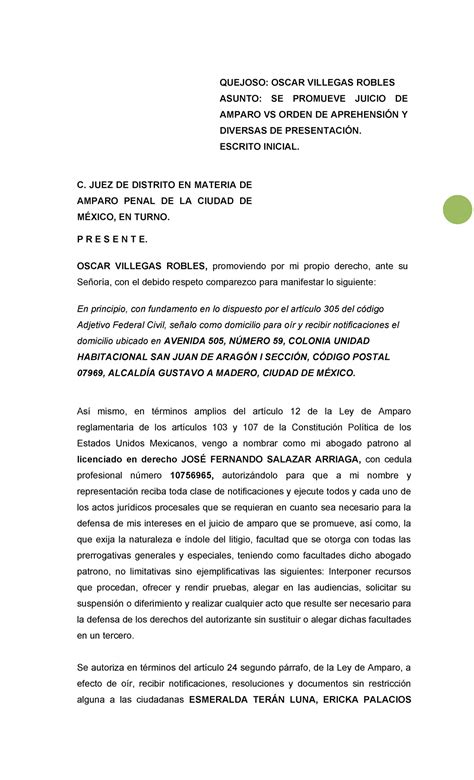 Amparo Vs Orden De Aprehensi N Quejoso Oscar Villegas Robles Asunto