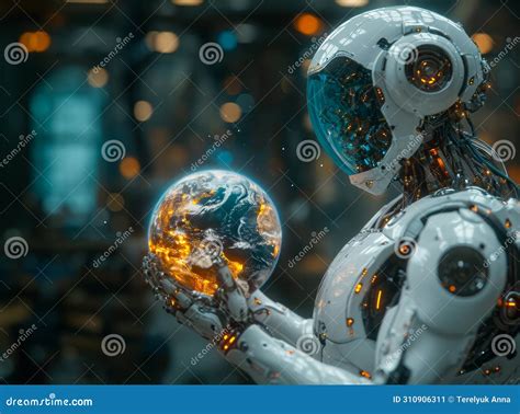 Cyborg Female Holding Earth Globe Stock Image Image Of System Cyborg