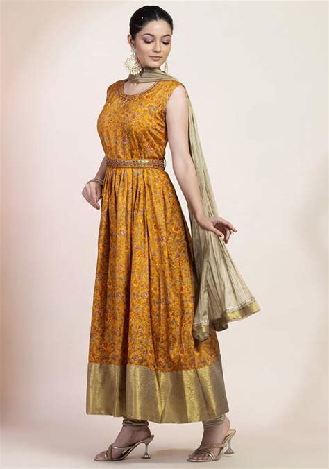 Buy Women Mustard Floral Print Embroidered Anarkali Kurta And Contrast