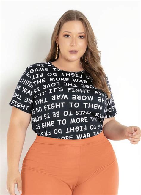 Blusa Preta Estampada Manga Curta Plus Size Marguerite