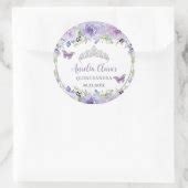 Purple Lilac Floral Quincea Era Crown Butterflies Classic Round Sticker