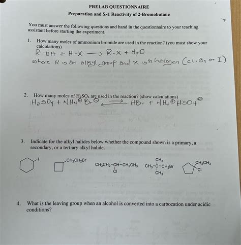 Solved Prelab Questionnaire Preparation And Sn1 Reactivity Of Course Hero