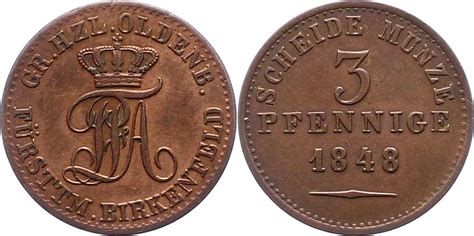 Oldenburg 3 Pfennig 1848 Paul Friedrich August 1829 1853 Sehr schön