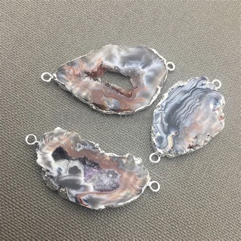 Nature Agates Geode Druzy Slice Silver Plated Conector Natural Agates