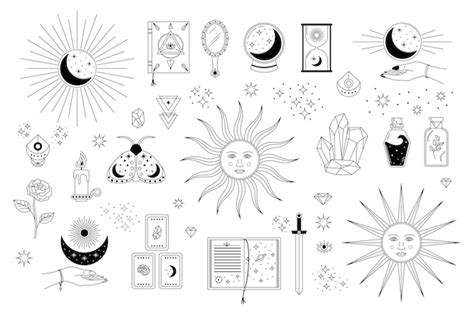 Conjunto vectorial de elementos y símbolos esotéricos y solares objetos