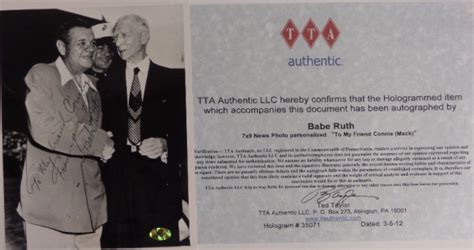 Coach S Corner Babe Ruth Hand Signed Tta Certified Connie Mack Photo