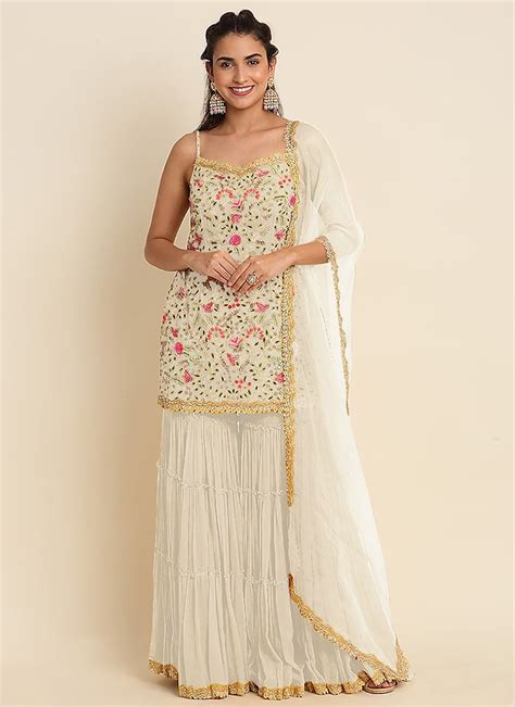 Buy Georgette Embroidered Sequins Sharara Suit Off White For Women With