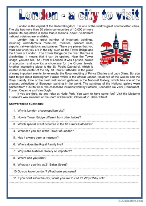 London A City To Visit Reading For English Esl Worksheets Pdf Doc