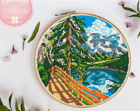 National Park Lake Cross Stitch Pattern PDF Mountain Landscape Home