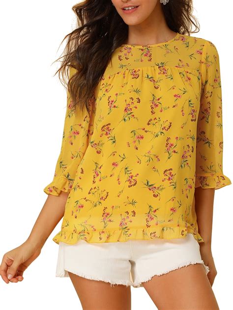 Allegra K Women S Floral Print Chiffon Ruffle 3 4 Sleeve Flowy Blouse Yellow Xs