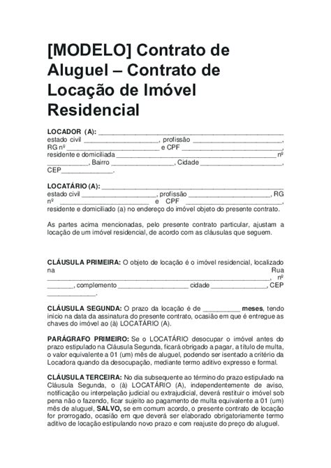 Doc Modelo] Contrato De Aluguel Contrato De Locação De Imóvel Residencial