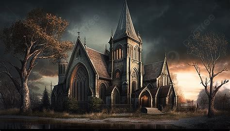 Dark Church Sits Surrounded By Trees In A Scary Environment Background