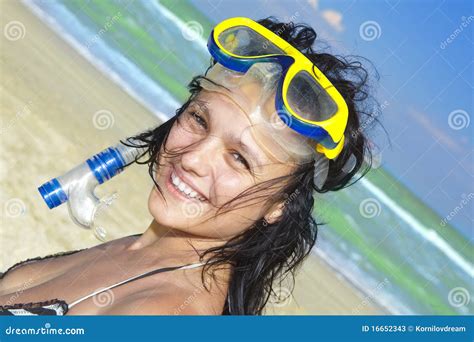 Diving Girl In A Swimming Mask And Snorkel Stock Image Image Of