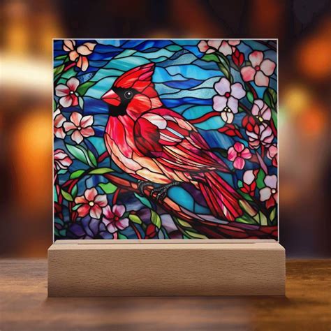 Red Cardinal Stained Glass Acrylic Night Lamp Cardinal Stained Glass Decorative Plaque