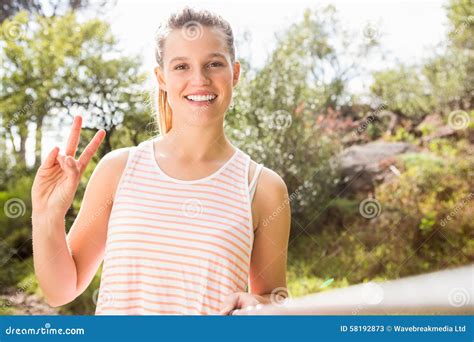 Pretty Blonde Showing Peace Sign And Taking Selfies Stock Image Image