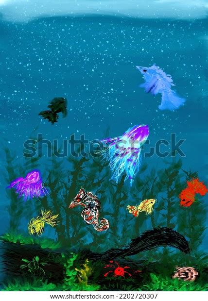 Aquatic Art Underwater Sea Creatures Tropical Stock Illustration ...