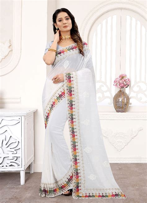 Buy White Faux Georgette Embroidered Saree Party Wear Online At Best