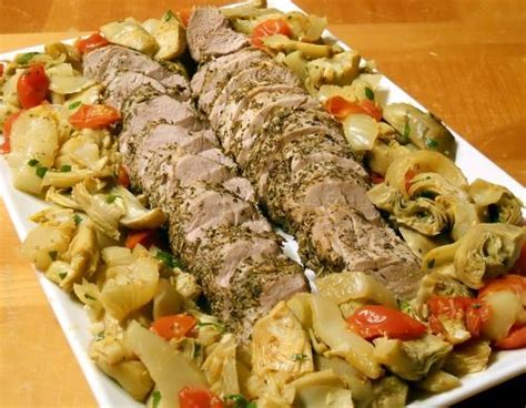 Herb Crusted Pork Tenderloin With Artichokes Olives And Tomatoes From