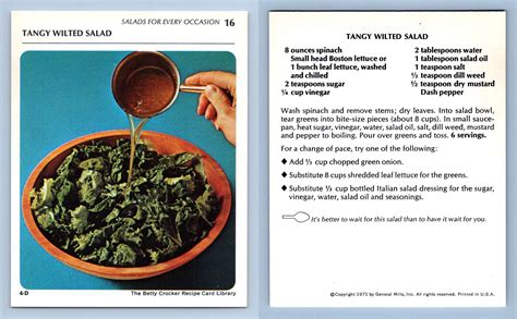 Tangy Wilted Salad 16 Salads Betty Crocker 1971 Recipe Card