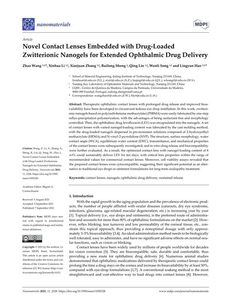 Pdf Novel Contact Lenses Embedded With Drug Loaded Zwitterionic Nanogels For Extended