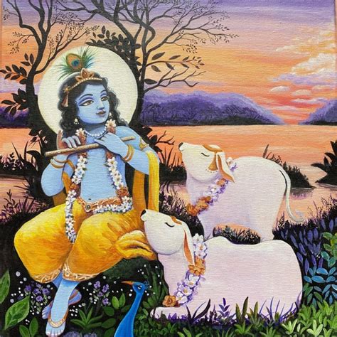 Krishna With Cows Painting Etsy