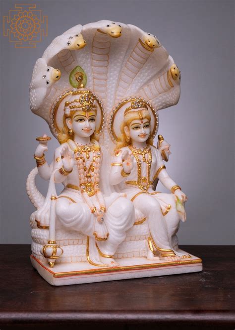 15 Vishnu And Lakshmi Seated On Sheshnag Handmade White Marble