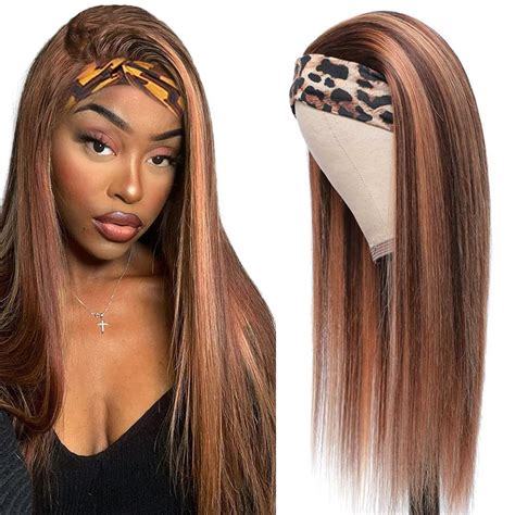 P4 30 Highlight Brown Headband Wig Human Hair 18 Inch Straight Medium Auburn Wig