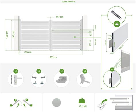 Pack Portail Battant 3m VOGEL H 140 2 Poteaux Alu H 166cm Blanc