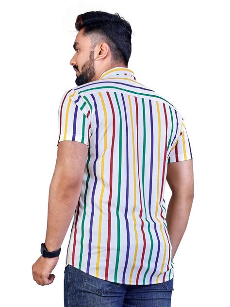 Stripes Lycra Cotton Blend Lycra Mens Shirts Half Sleeves Casual Wear