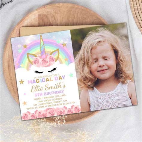 Rainbow Pink Unicorn Invitations With Photo Zazzle