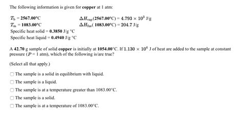 Solved The Following Information Is Given For Copper At 1