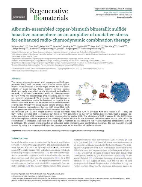 Pdf Albumin Assembled Copper Bismuth Bimetallic Sulfide Bioactive