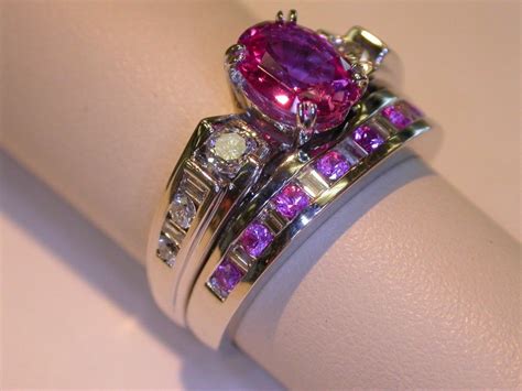 Pink Engagement Ring And Wedding Band Gemstone Wedding Rings Sapphire Wedding Set Pink