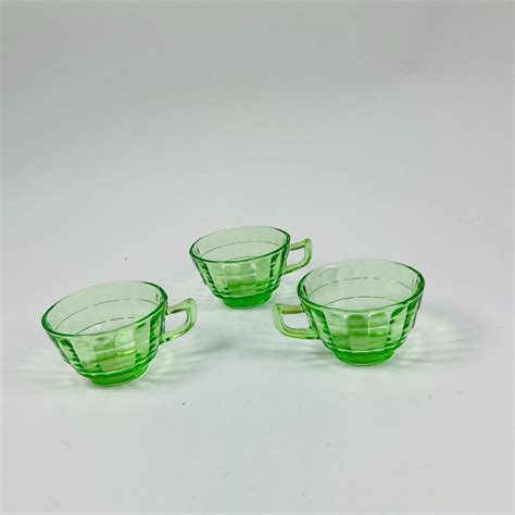 Vintage Hocking Glass Green Depression Vaseline Block Optic Tea Coffee Cups Etsy