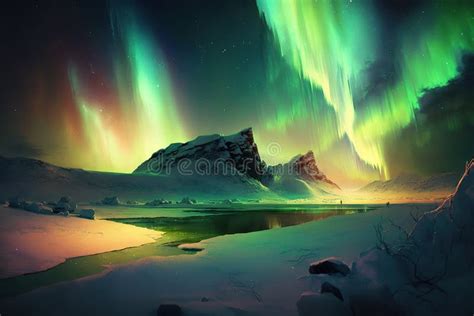 Aurora Borealis Northern Lights In Islands Snowy And Ice Mountains At