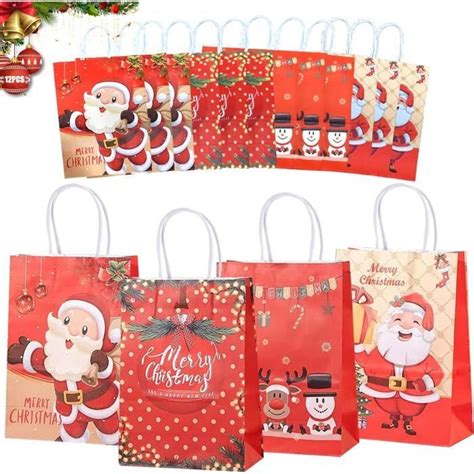 Sacs Cadeaux de Noël 12 Pcs Sac Papier Kraft avec Poignée Noel