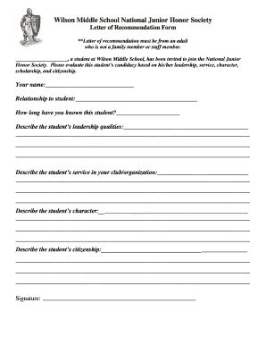 Printable Letter Of Recommendation For Middle School Student Forms