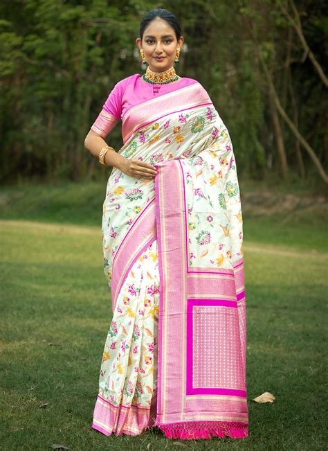 Shop Off White Banarasi Silk Meenakari Zari Woven Saree Festive Wear