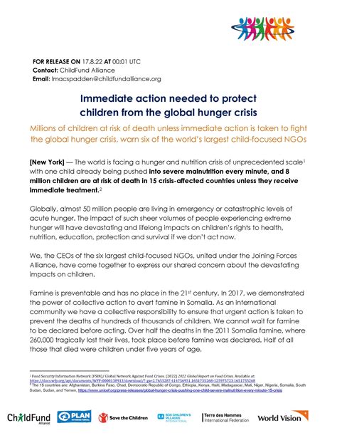 Immediate Action Needed To Protect Children From The Global Hunger