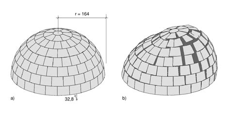 a) Hemispherical dome dimensions; b) Hemispherical dome collapse ...