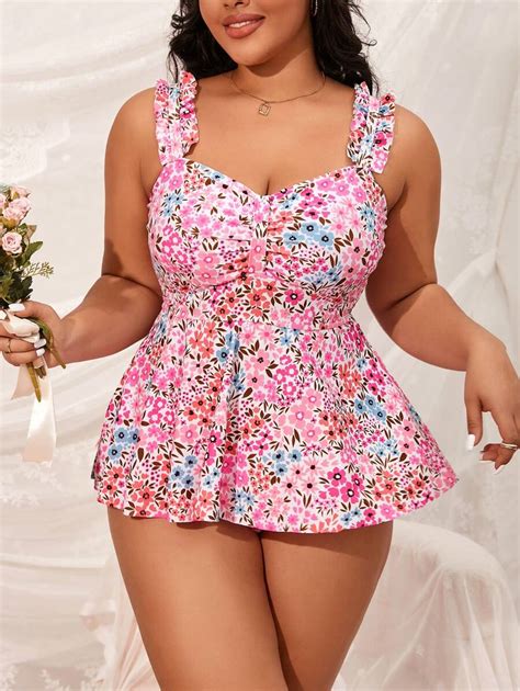 Shein Swim Curve Summer Beach Plus Size Floral Printed Two Piece