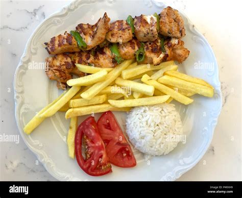 Turkish Chicken Shish Kebab With Rice Pilav Or Pilaf Potatoes And