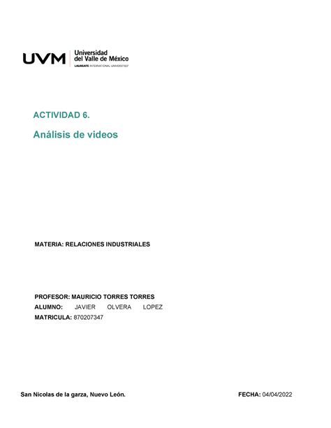 Actividad Para La Materia Relaciones Industriales Uvm Actividad