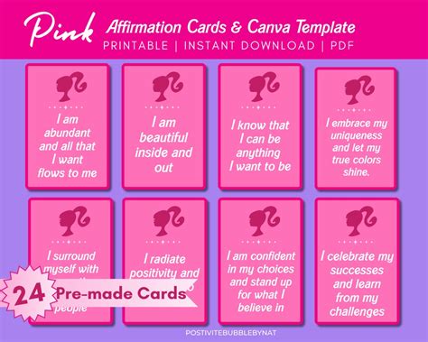 24 Pink Affirmation Cards Printable With Editable Canva Template Link