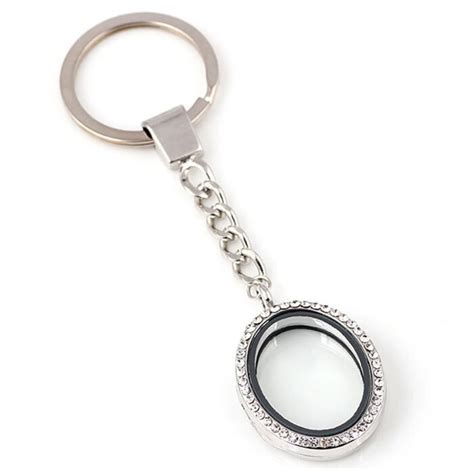 Oval Keychain Floating Locket Glass Locket With Rhinestones Etsy