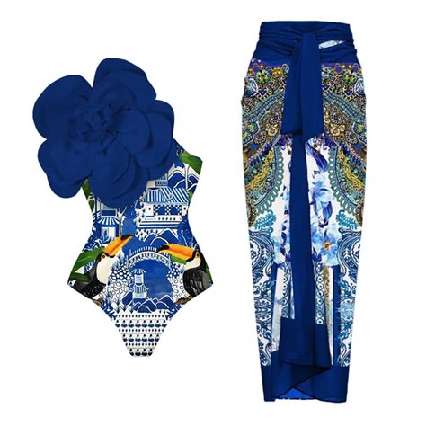 Blue One Shoulder Ruffled Print Floral Swimsuit Set Cover Up Single Piece Micro Monokini Sexy