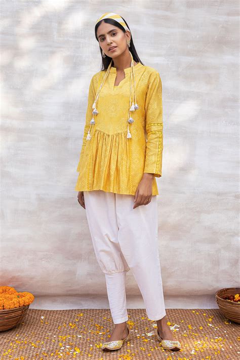 Buy Neeta Bhargava Yellow Chanderi Silk Embroidered Top And Pant Set