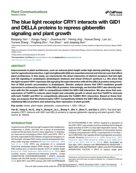 Pdf The Blue Light Receptor Cry1 Interacts With Gid1 And Della