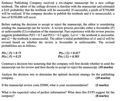 Solved Embassy Publishing Company Received A Six Chapter Chegg